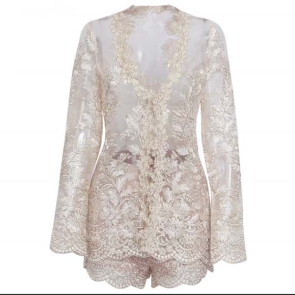 Gold Lace Embroidered Scallop Crochet 2 Piece Set - Picture 5 of 8